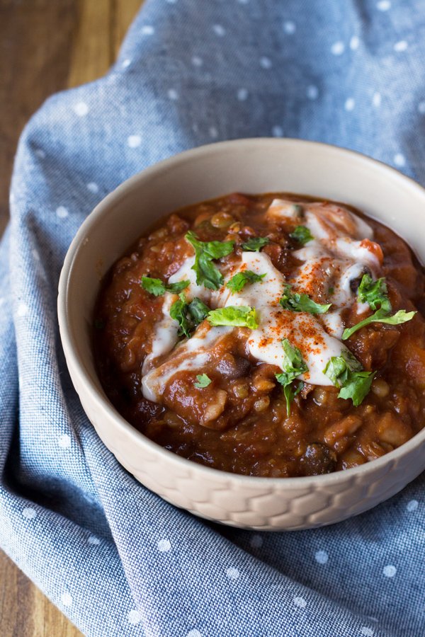 Vegan Maple Bourbon Chili (made with 13 bean soup mix and maple water) via ExSloth.com