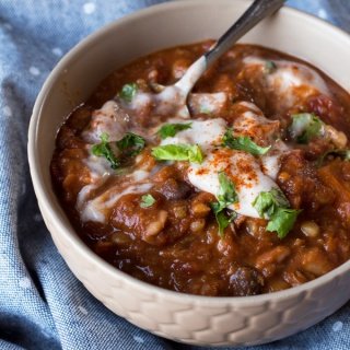Vegan Maple Bourbon Chili (made with 13 bean soup mix and maple water) via ExSloth.com