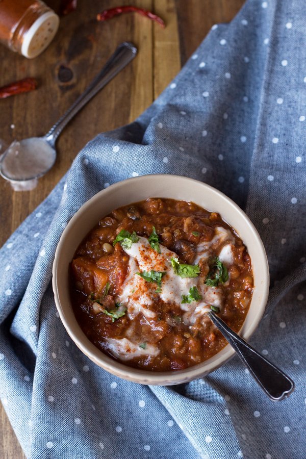 Vegan Maple Bourbon Chili (made with 13 bean soup mix and maple water) via ExSloth.com