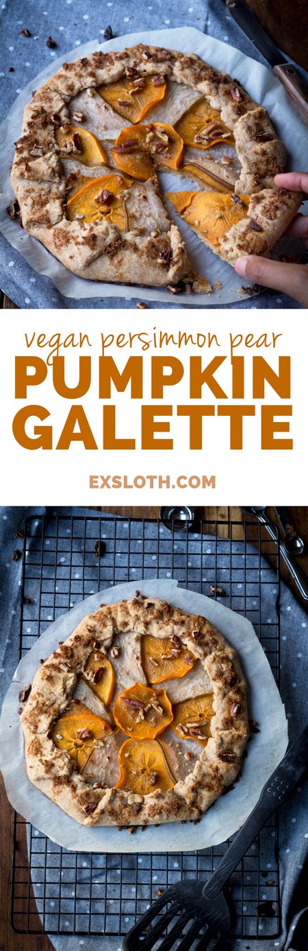 This 10 ingredient persimmon pear vegan pumpkin galette can be ready in under an hour. It's the perfect alternative to vegan pumpkin pie this Thanksgiving via @ExSloth