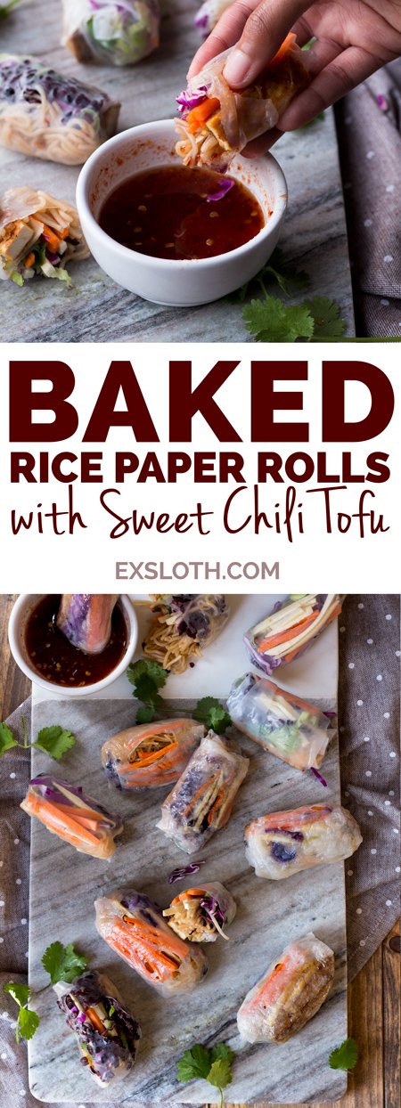 These baked rice paper rolls are hearty, flavourful , slightly crispy and perfectly sweet and spicy. A great gluten-free and vegan alternative to traditional spring rolls. via ExSloth.com