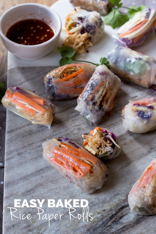 These baked rice paper rolls are hearty, flavourful , slightly crispy and perfectly sweet and spicy. A great gluten-free and vegan alternative to traditional spring rolls. via ExSloth.com