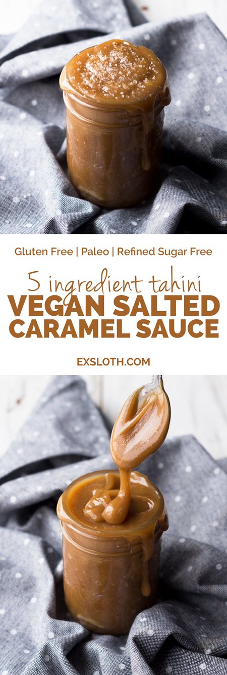 This tahini-based 5 ingredient vegan salted caramel sauce is smooth, creamy and perfect for drizzling. (Dairy free, paleo friendly and refined sugar free) via ExSloth.com