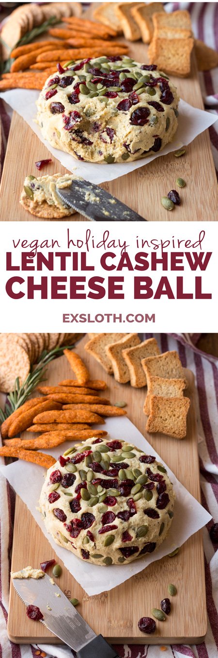 Vegan Lentil Cashew Cheese Ball - An easy vegan cheese recipe topped with cranberries and pumpkin seeds. Perfect for holiday or Christmas parties | ExSloth.com