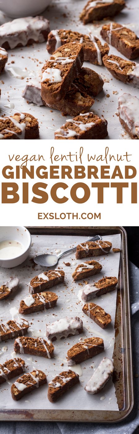 Lentil walnut gingerbread biscotti: a healthier vegan alternative to a classic Christmas cookie. This vegan biscotti is just as crunchy & flavourful as traditional biscotti but with a healthy twist thanks to the addition of lentil puree | ExSloth.com