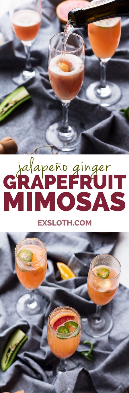 5 Ingredient Spicy Grapefruit Mimosa - perfect for everything from New Year's Eve brunch to Mother's Day via ExSloth.com