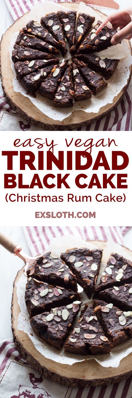 This vegan Trinidad black cake is moist, dense and filled with fruits and alcohol. The perfect vegan alternative to a traditional Trini Christmas favourite via ExSloth.com