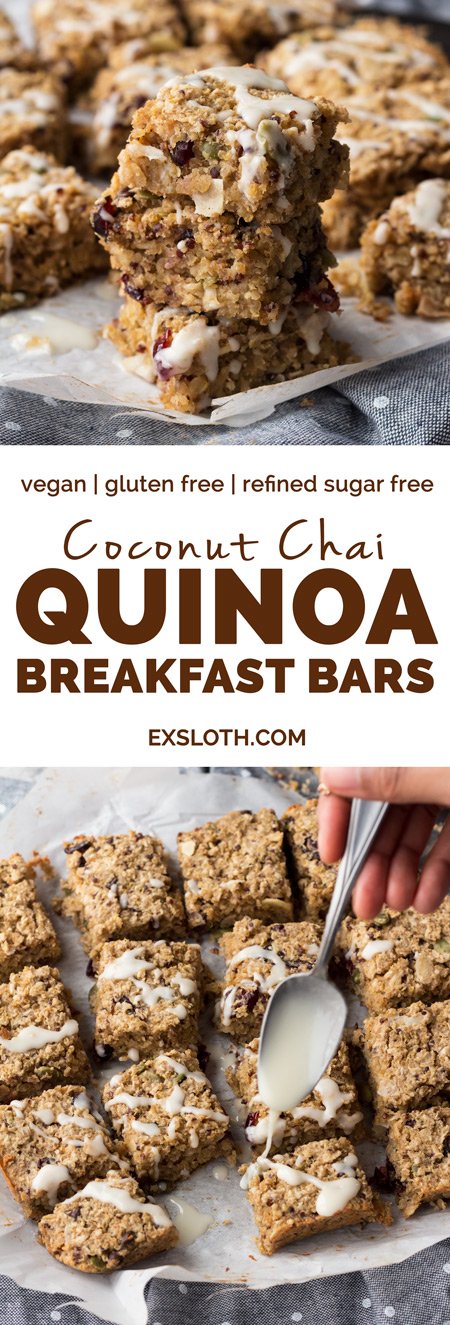 These coconut chai quinoa breakfast bars are vegan, gluten-free, refined sugar-free, filled with plant-based protein and can be made nut free depending on the mix-ins you use. They also make a great grab-and-go vegan breakfast | ExSloth.com