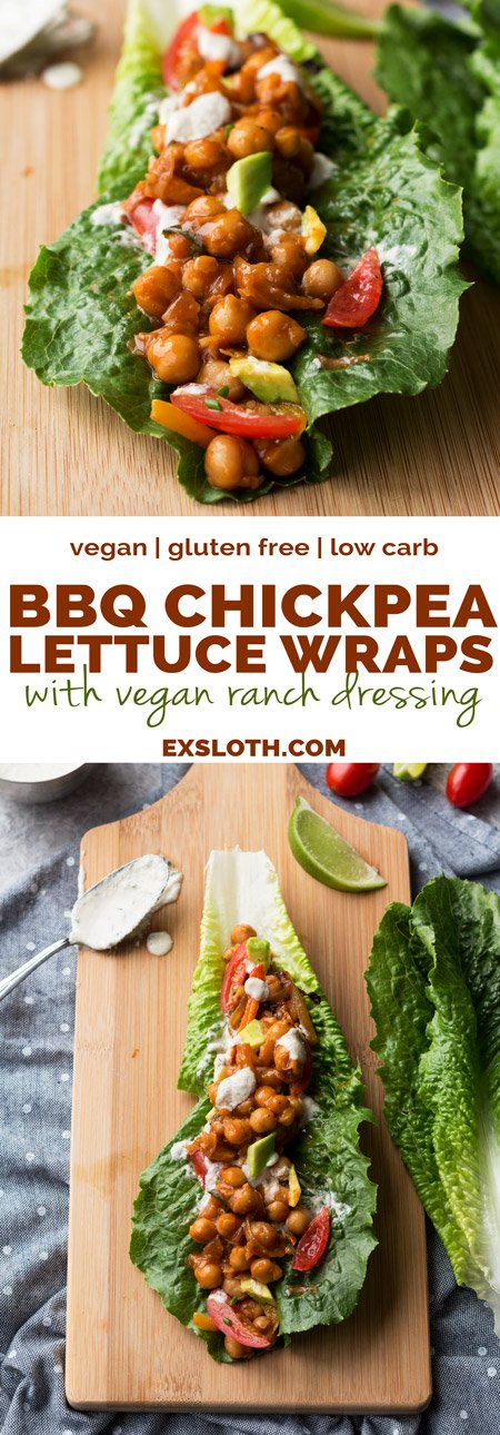 These BBQ chickpea lettuce wraps with vegan ranch dressing are bursting with sweet and smokey bbq flavour and make great light and easy vegan lunches | ExSloth.com