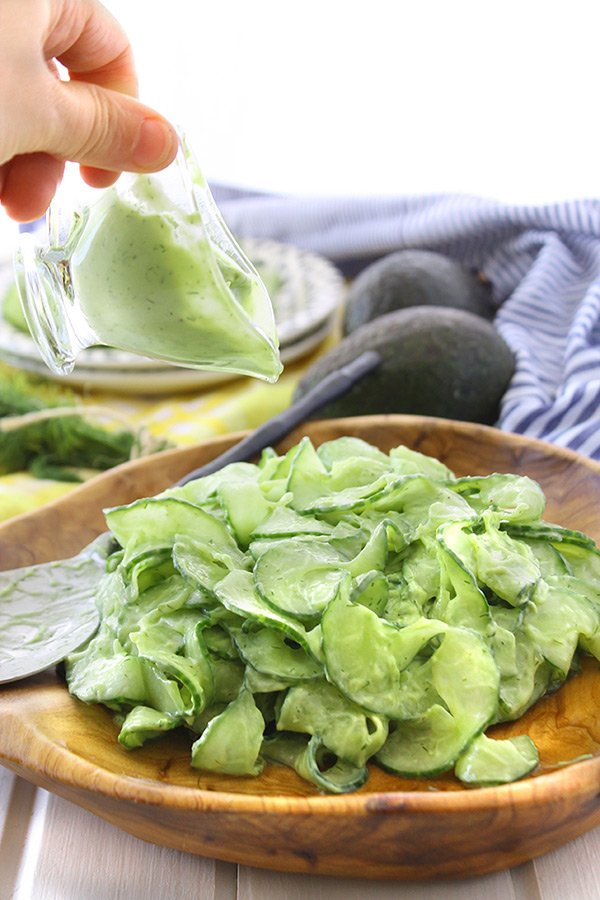 Cucumber Noodle Salad with Avocado Dill Dressing - 10 Vegan Salad Dressings | ExSloth.com