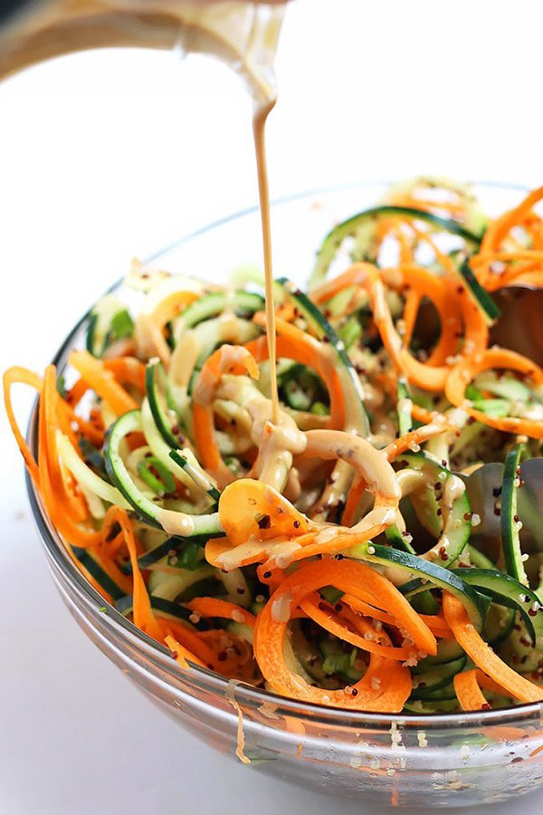Spiralized Asian Quinoa Salad with Peanut Dressing - 10 Vegan Salad Dressings | ExSloth.com