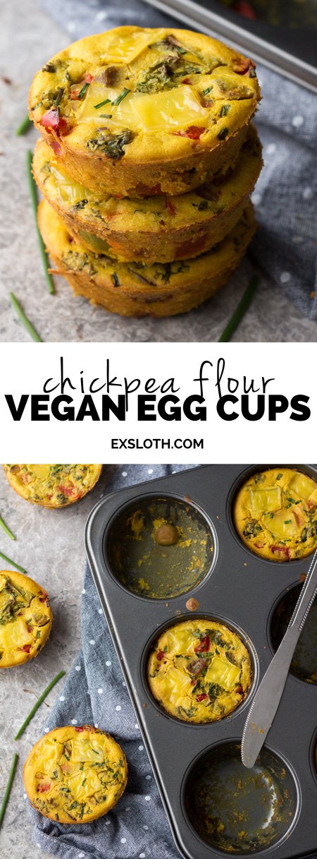 These chickpea flour omelette muffins (vegan egg cups) are easy to make and are a great option for an on-the-go savoury vegan breakfast via @ExSloth | ExSloth.com