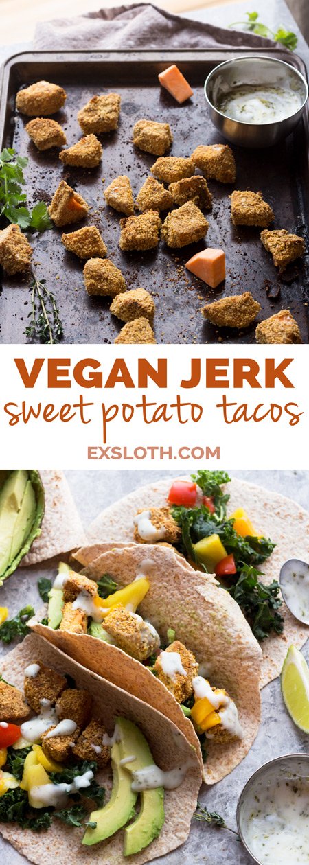 These crispy jerk sweet potato tacos are hearty, spicy, flavourful and filled with plant-based goods. They make a great vegan lunch or dinner. ExSloth.com