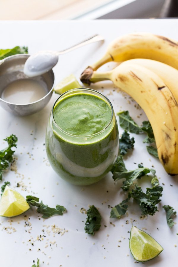 This tropical ginger hemp seed smoothie is easy to throw together, portable, delicious and it's filled with plant-based protein thanks to the hemp seeds | ExSloth.com