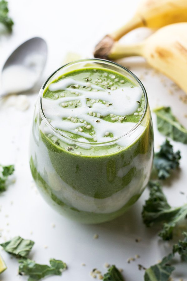 This tropical ginger hemp seed smoothie is easy to throw together, portable, delicious and it's filled with plant-based protein thanks to the hemp seeds | ExSloth.com