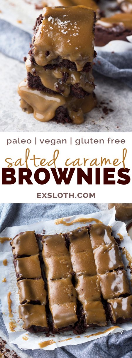 These paleo vegan salted caramel brownies are rich, fudgy and perfectly sweet (vegan, gluten-free, paleo, flourless) | ExSloth.com