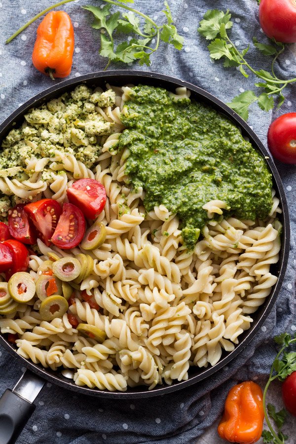 This easy vegan cilantro pesto pasta is flavourful, spicy, filling and calls for just 10 ingredients and about 25 minutes. Perfect vegan lunch or dinner | ExSloth.com