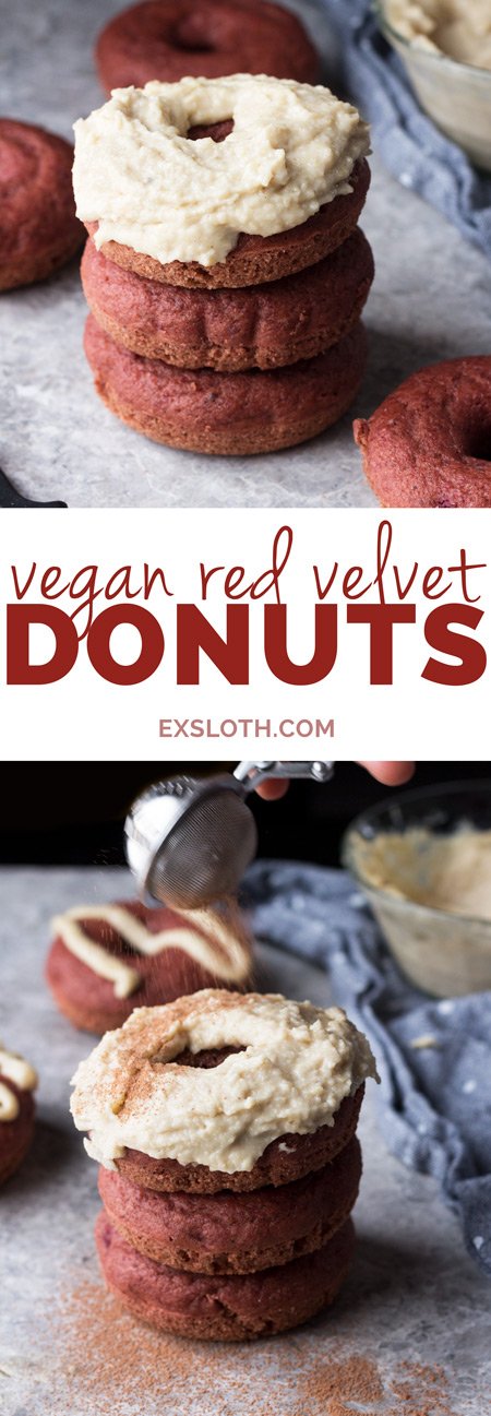 These vegan red velvet donuts are a delicious, healthy alternative to regular fried donuts and are great for Valentine's Day. The vegan cashew cream cheese frosting is also easy to make, creamy and perfectly sweet | ExSloth.com