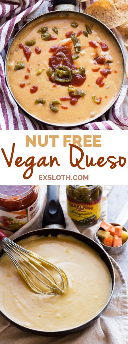 This nut-free vegan queso dip is made with potatoes instead of cashews but is just as creamy and flavourful | ExSloth.com