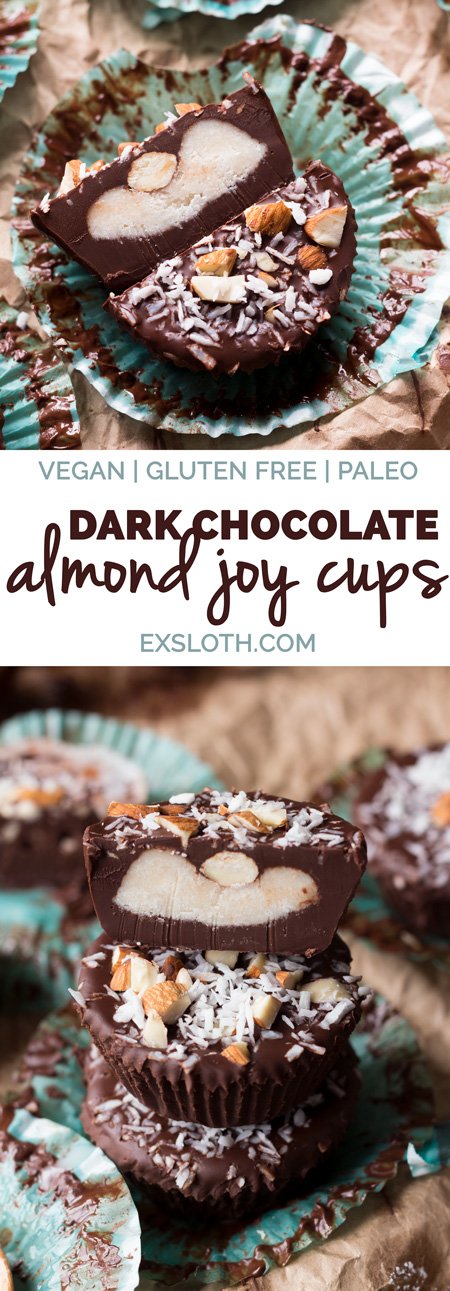Easy 7 ingredient dark chocolate vegan almond joy cups (gluten free, paleo, dairy free, vegan) via ExSloth.com