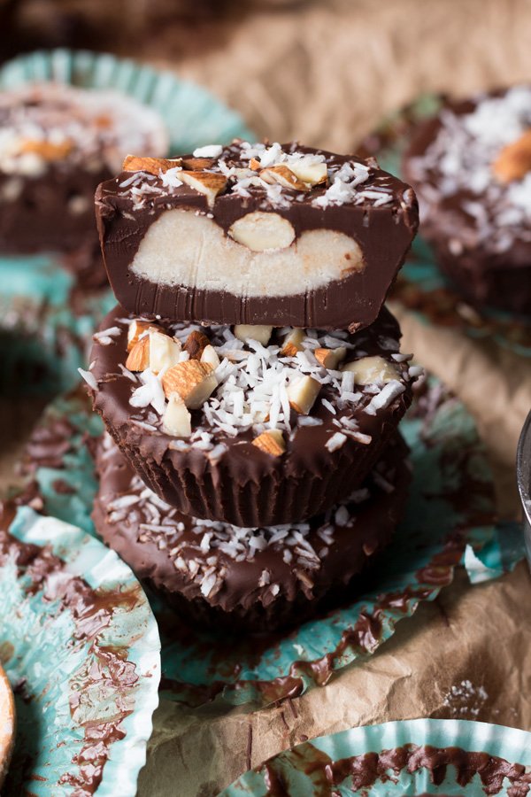 Easy 7 ingredient dark chocolate vegan almond joy cups (gluten free, paleo, dairy free, vegan) via ExSloth.com