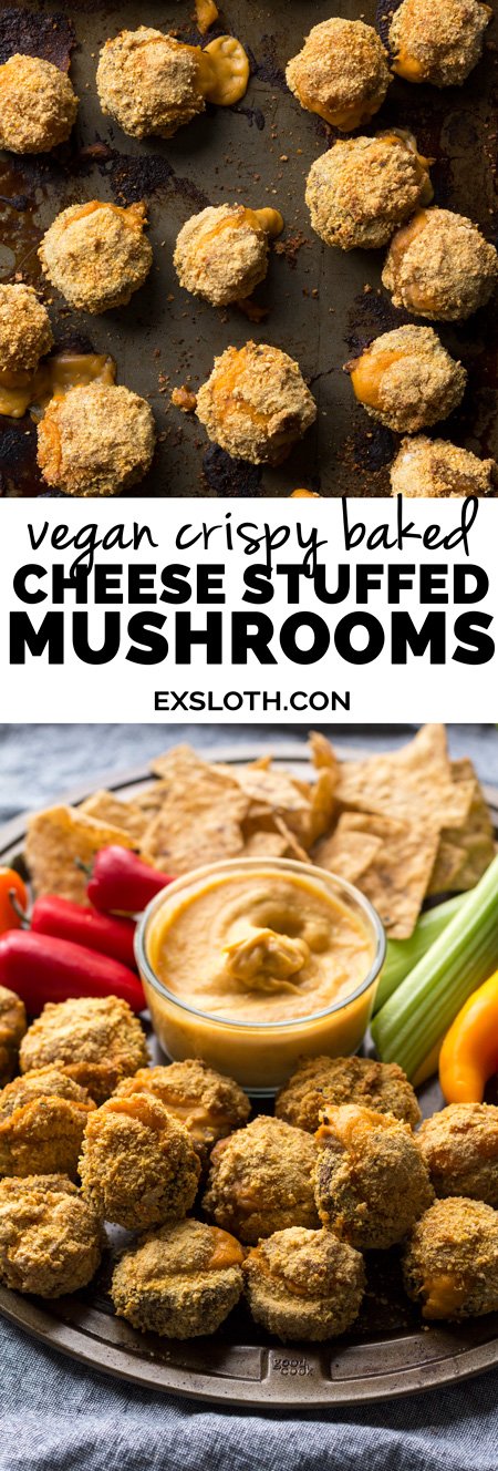 Easy crispy baked vegan cheese stuffed mushrooms (gluten-free | vegan | plant-based) via ExSloth.com