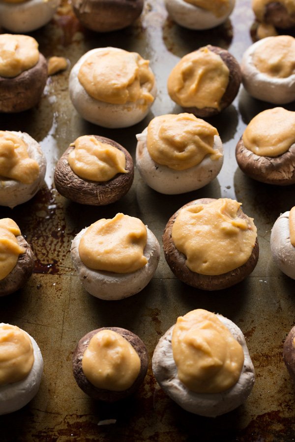 Easy crispy baked vegan cheese stuffed mushrooms (gluten-free | vegan | plant-based) via ExSloth.com